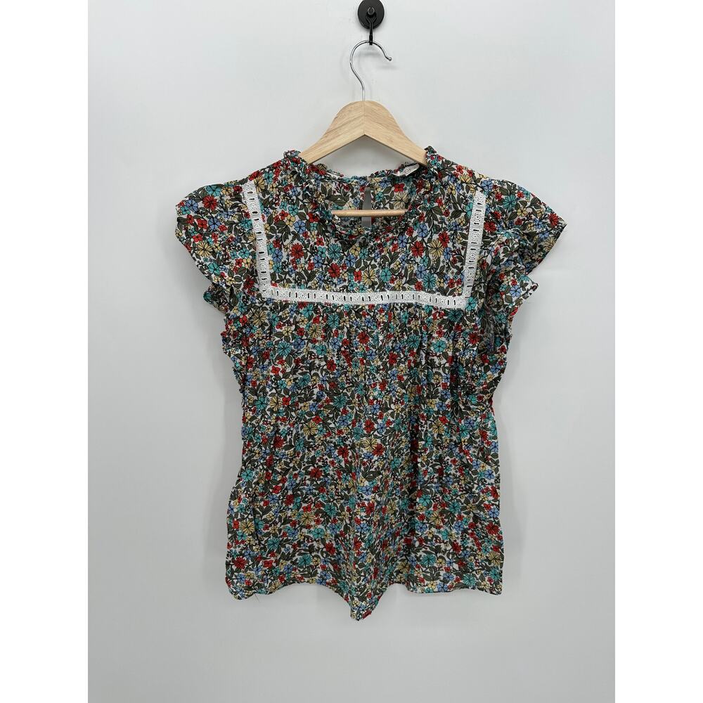 Loft Microfloral‎ Peasant Top Women Medium Multicolor Ruffle Eyelet Cottagecore